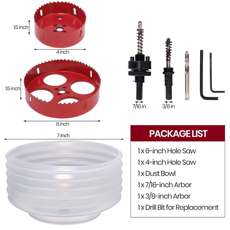 Nexigins 6-Inch & 4-Inch Hole Saw for Recessed Lights and Can Lights - Bi-Metal 4 & 6 Hole Saw with Dust Bowl for 95% Dust Colletcion - Drill Hole Cutter Kit for Wood, Ceiling, Plastic and Metal - Image 3
